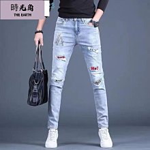 【時光角】 牛仔褲男燙鑽20新款潮牌彈力刺繡長褲子男緊身青年百搭韓版窄管 歷史價格詳細信息