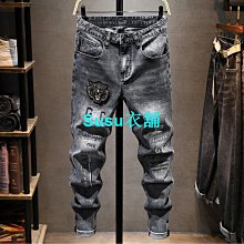 秋冬彈力緊身窄管牛仔褲男韓版藍色刮爛休閒潮流精神小夥長褲子潮 歷史價格詳細信息
