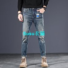秋冬彈力緊身窄管牛仔褲男韓版藍色刮爛休閒潮流精神小夥長褲子潮 歷史價格詳細信息