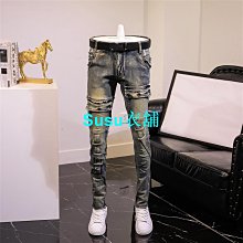 秋冬拼接牛仔褲 復古拼接 機車多袋牛仔褲 男緊身 窄管懷舊彈力 個性長褲 潮 歷史價格詳細信息
