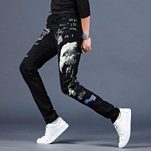 印花黑色男士牛仔褲高級潮牌刺繡歐洲站緊身窄管字母潮流百搭彈力 歷史價格詳細信息