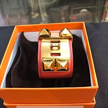 HERMES collier de chien金屬鉚釘鱷魚皮寬版手環 T年(黃x金/S) 歷史價格詳細信息