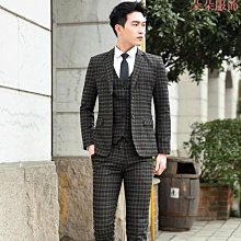 工廠男士三件式西裝青格子小西裝套裝春秋帥氣新郎結婚禮服商務正裝 歷史價格詳細信息