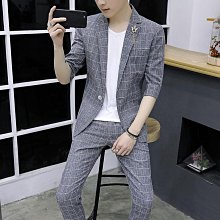 時尚格子中袖西服套裝男 夏季薄款青少年修身西裝西褲潮 歷史價格詳細信息