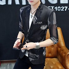 #男士西裝外套# 夏季薄款休閒3/4袖小西裝男士韓版修身單西上衣時尚中袖西裝外套時尚 歷史價格詳細信息