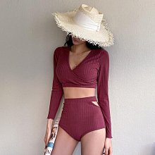 紅色兩截式泳衣 長袖泳衣 韓國ins網紅泳衣 女士性感高腰三角短褲泳裝 泡溫泉泡湯 純色 顯瘦 V領 鏤空游泳衣女-MIKI精品 歷史價格詳細信息