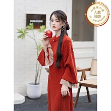 新中式 改良旗袍 【紅豆生南國】新中式復古改良旗袍女秋季印花長袖洋裝~微微服飾 歷史價格詳細信息
