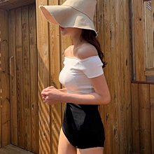 特價女游泳衣短袖抹胸一字肩粉色綠色比基尼溫泉小胸泳裝保守可愛 歷史價格詳細信息