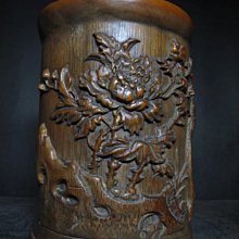 老竹雕◎ 留青薄雕 水鳥荷葉蓮花 筆筒 【 紅仁 款 】 歷史價格詳細信息