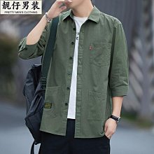 男士休閑純棉七分袖襯衫2023夏季新款薄款合體質感外套簡約風襯衣-靚仔男裝 歷史價格詳細信息