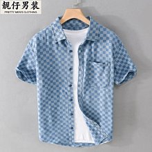 男士牛仔短袖襯衫休閑工裝日系外套 潮流ins學生襯衣2023夏季新款-靚仔男裝 歷史價格詳細信息