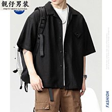 日系復古短袖襯衫男夏季潮牌2023年情侶寬松流行翻領牛仔上衣服男-靚仔男裝 歷史價格詳細信息