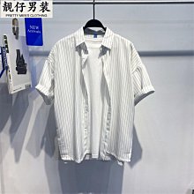 夏季男裝條紋短袖襯衫寬松休閑潮流簡約百搭青年清新男襯衣939-靚仔男裝 歷史價格詳細信息