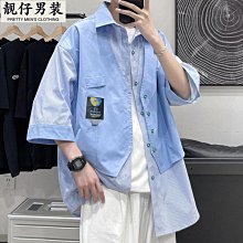 港風夏季男生假兩件t恤 純棉假兩件T恤男 寬鬆休閒短袖上衣 學生穿搭原創短袖T恤 五分袖上衣 假兩件T恤 百搭潮流-正正男裝 歷史價格詳細信息