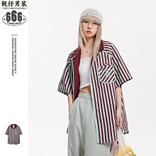 襯衫男短袖夏季美式復古條紋撞色翻領半截袖2024新款寬鬆休閒T恤 歷史價格詳細信息