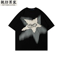啟林服飾設計感潮牌oversize美式街頭小眾人物復古情侶ins短袖t恤-靚仔男裝 歷史價格詳細信息