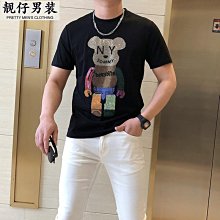 夏季新款短袖t恤男修身燙鑽時尚絲光棉半袖圓領打底上衣潮i 歷史價格詳細信息