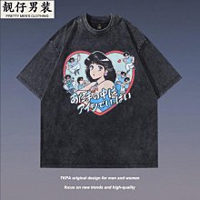 水洗做舊卡通動漫字母印花短袖T恤男裝ins高街潮流寬松休閑半截袖-靚仔男裝 歷史價格詳細信息